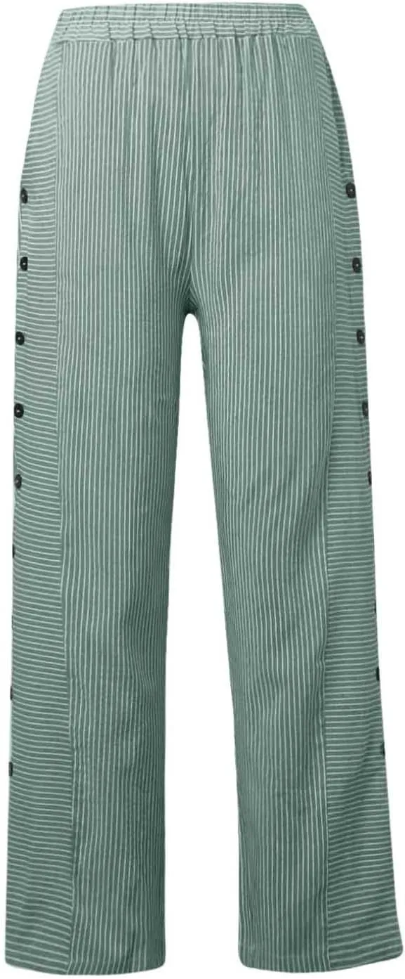 Striped Pants for Women Side Button Baggy Elastic Waist Straight Leg Trousers Beach Casual Pants with Pockets