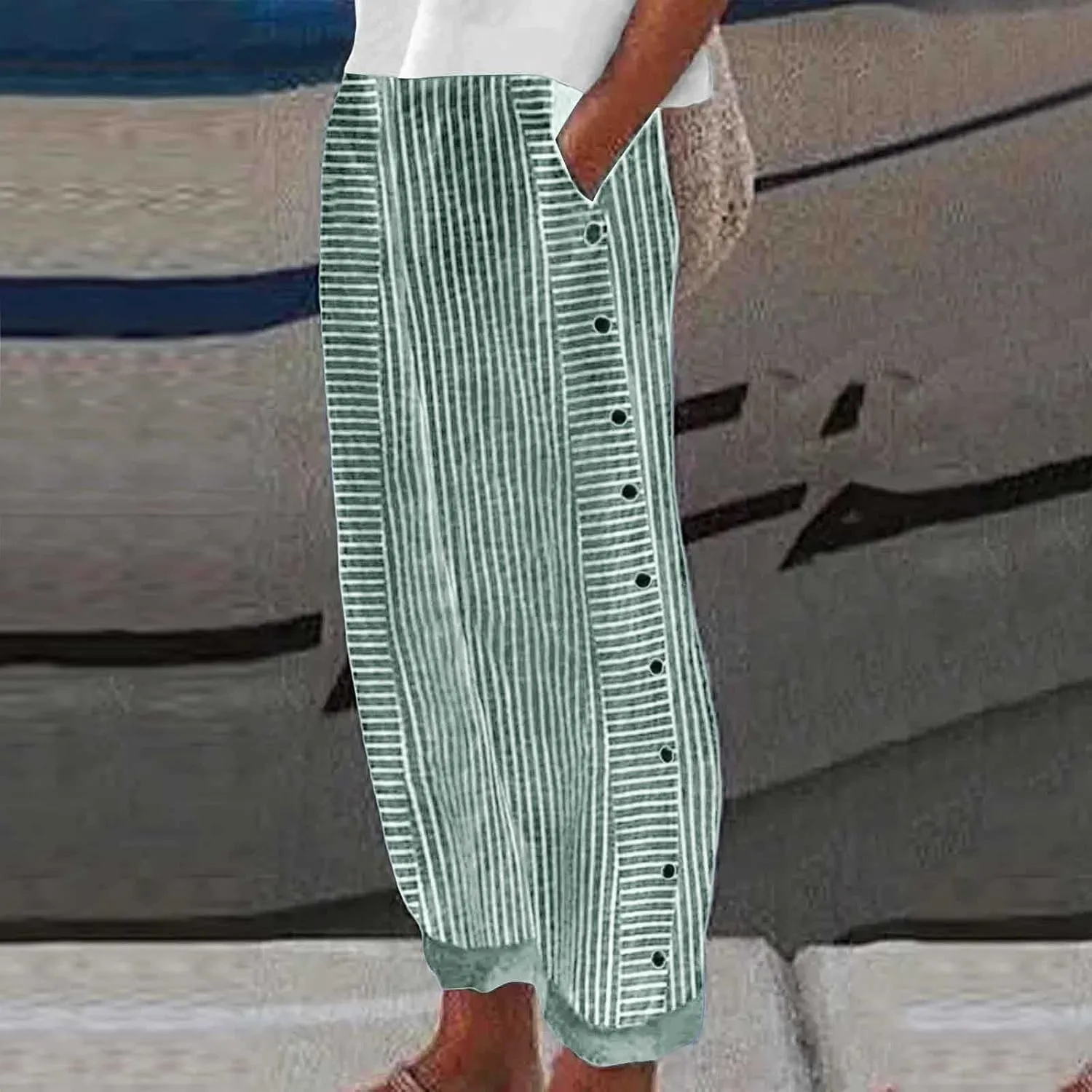 Striped Pants for Women Side Button Baggy Elastic Waist Straight Leg Trousers Beach Casual Pants with Pockets