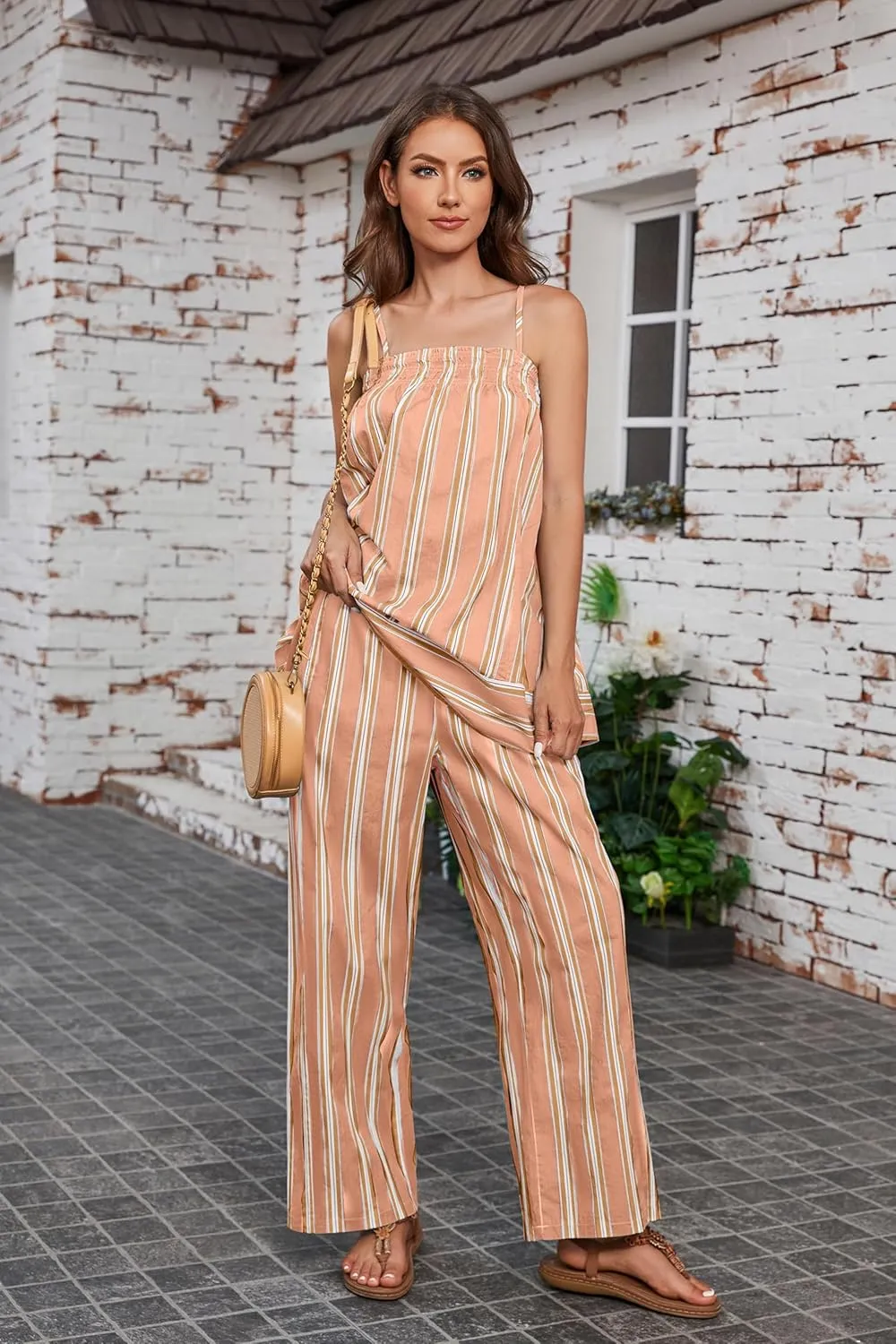 Summer Cute Sleeveless Striped Tank Top for Women Y2K Smocked Spaghetti Strap Camisole Tops Color Block Babydoll Tops