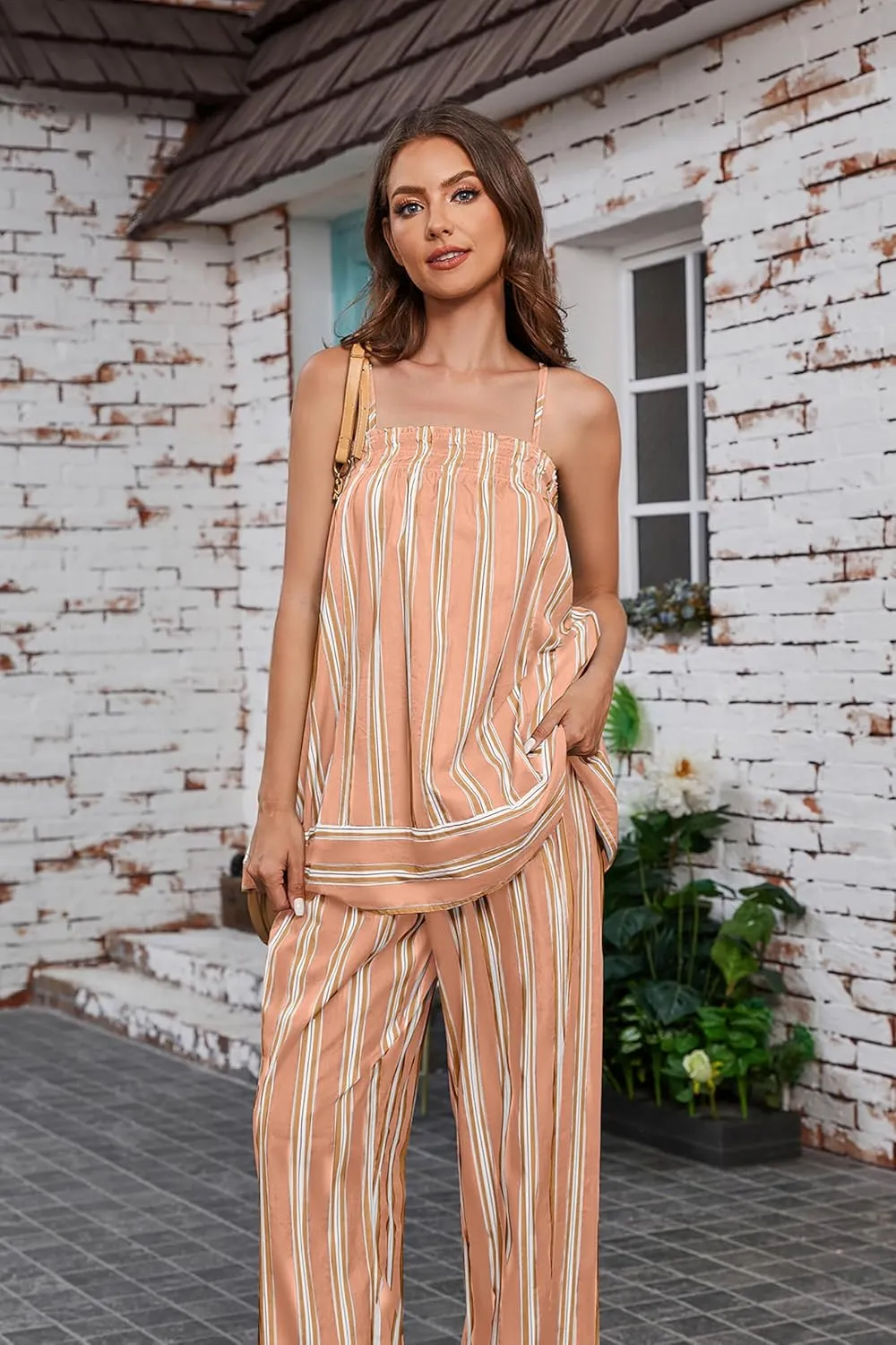Summer Cute Sleeveless Striped Tank Top for Women Y2K Smocked Spaghetti Strap Camisole Tops Color Block Babydoll Tops