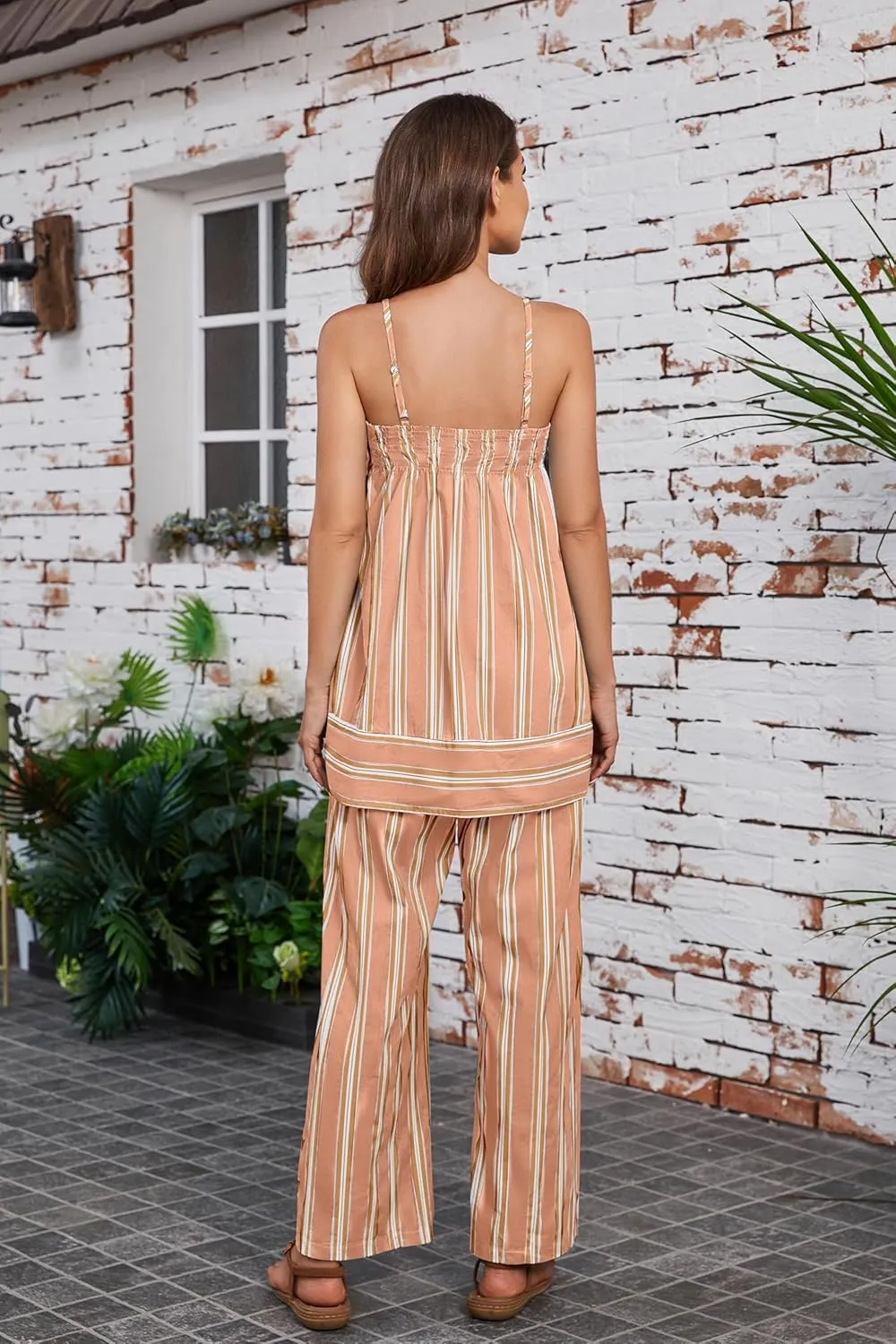 Summer Cute Sleeveless Striped Tank Top for Women Y2K Smocked Spaghetti Strap Camisole Tops Color Block Babydoll Tops