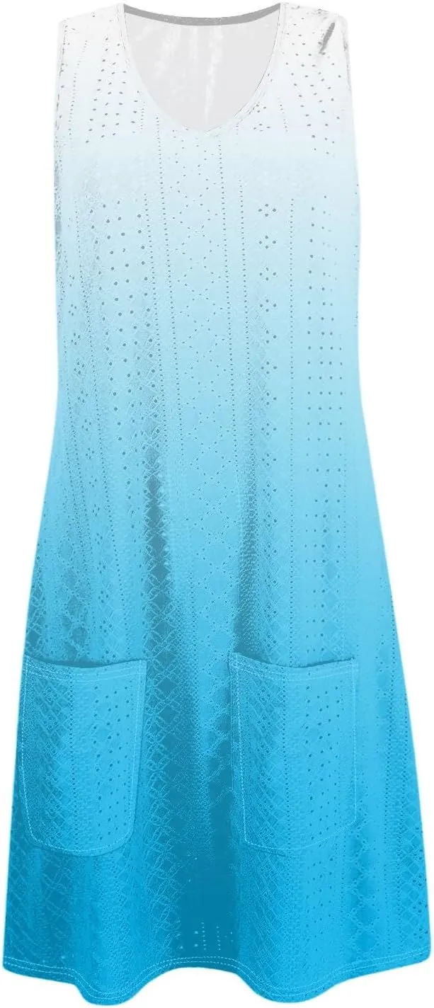 Summer Dresses for Women 2025 Eyelet Casual Sleeveless Floral Print Tank Sundresses Beach Cover Up with Pockets