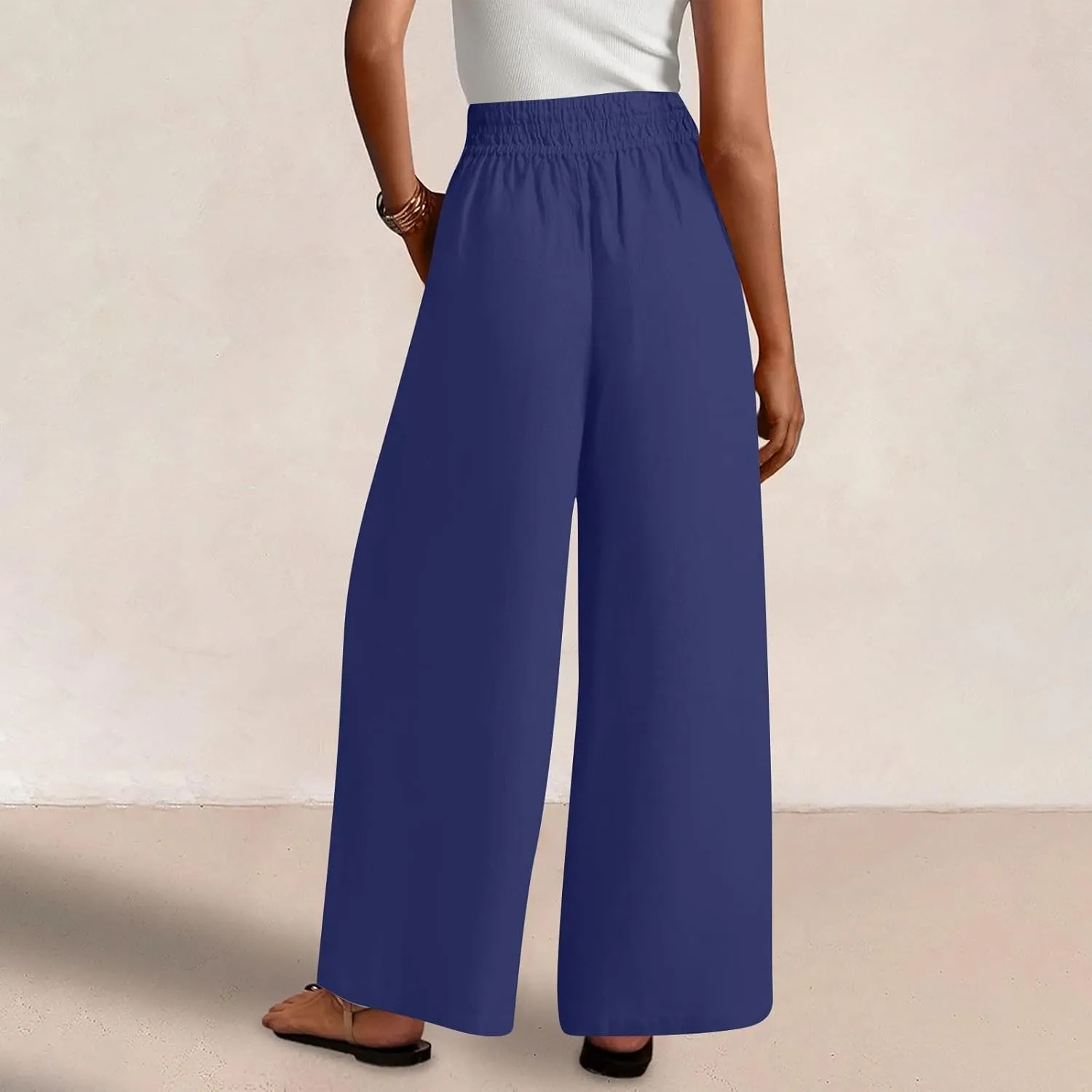 Summer Womens Linen Pants Casual 2025 Elastic Waist Loose Flowy Wide Leg Palazzo Pants Trousers with Pockets