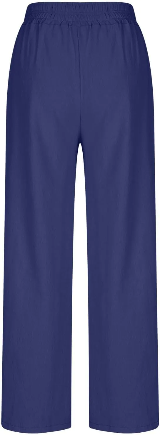 Summer Womens Linen Pants Casual 2025 Elastic Waist Loose Flowy Wide Leg Palazzo Pants Trousers with Pockets