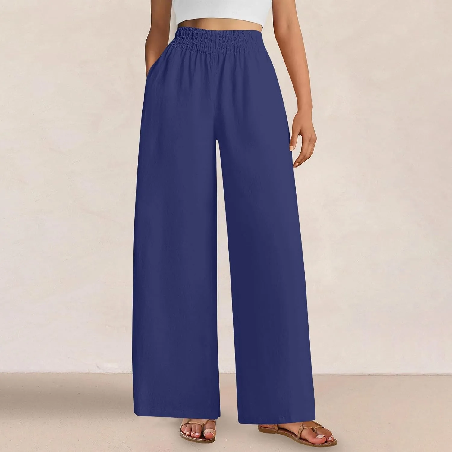 Summer Womens Linen Pants Casual 2025 Elastic Waist Loose Flowy Wide Leg Palazzo Pants Trousers with Pockets