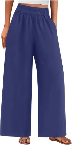 Summer Womens Linen Pants Casual 2025 Elastic Waist Loose Flowy Wide Leg Palazzo Pants Trousers with Pockets