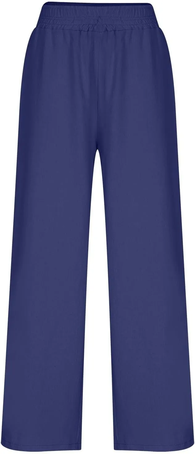 Summer Womens Linen Pants Casual 2025 Elastic Waist Loose Flowy Wide Leg Palazzo Pants Trousers with Pockets