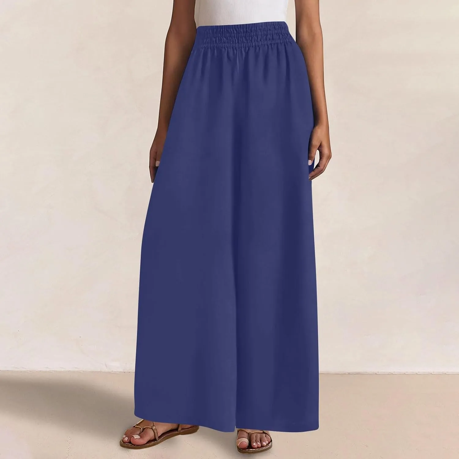 Summer Womens Linen Pants Casual 2025 Elastic Waist Loose Flowy Wide Leg Palazzo Pants Trousers with Pockets