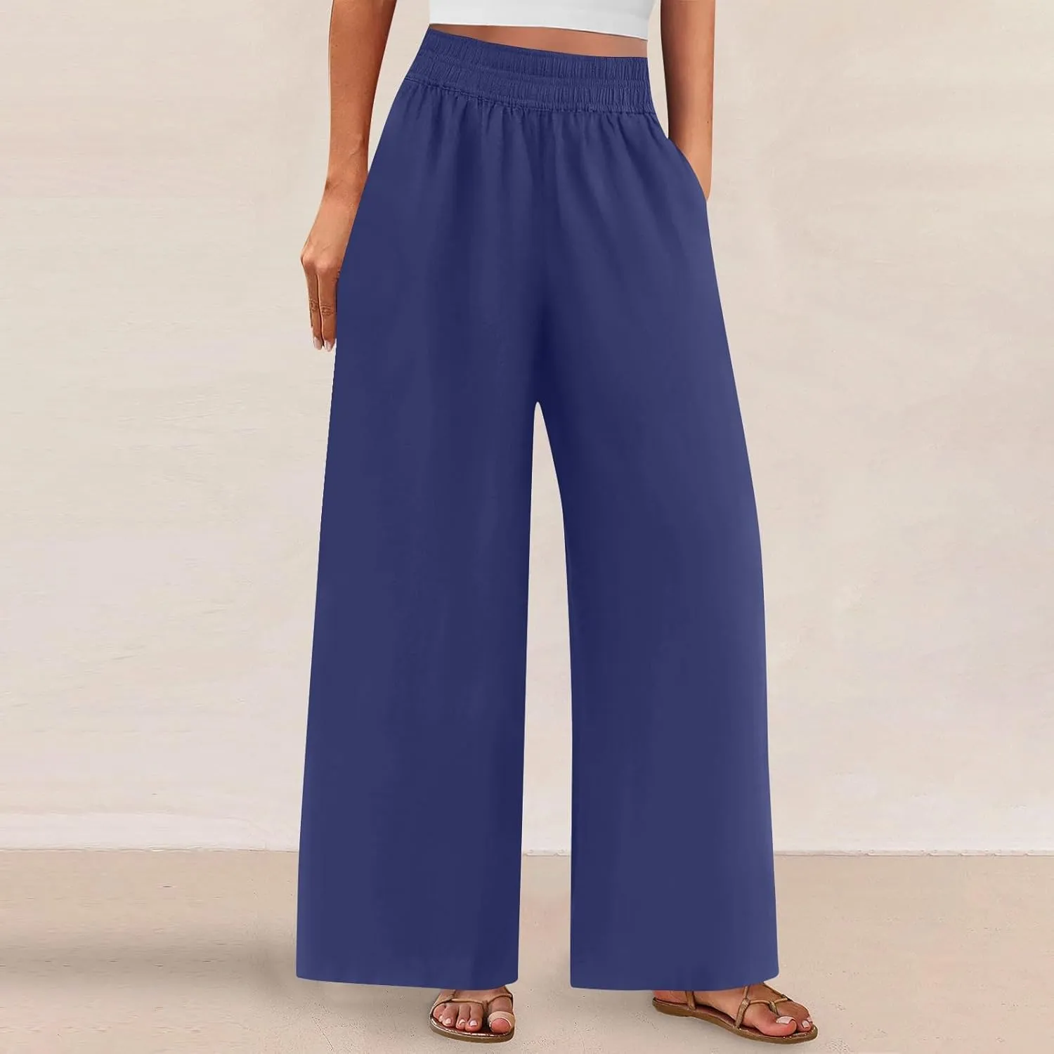 Summer Womens Linen Pants Casual 2025 Elastic Waist Loose Flowy Wide Leg Palazzo Pants Trousers with Pockets