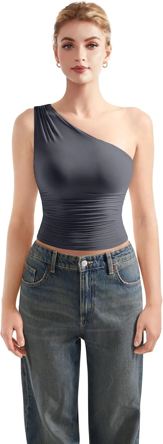 SUUKSESS Women Double Lined Going Out Trendy Crop Tops Ruched Sleeveless Shirts