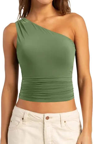 SUUKSESS Women Double Lined Going Out Trendy Crop Tops Ruched Sleeveless Shirts