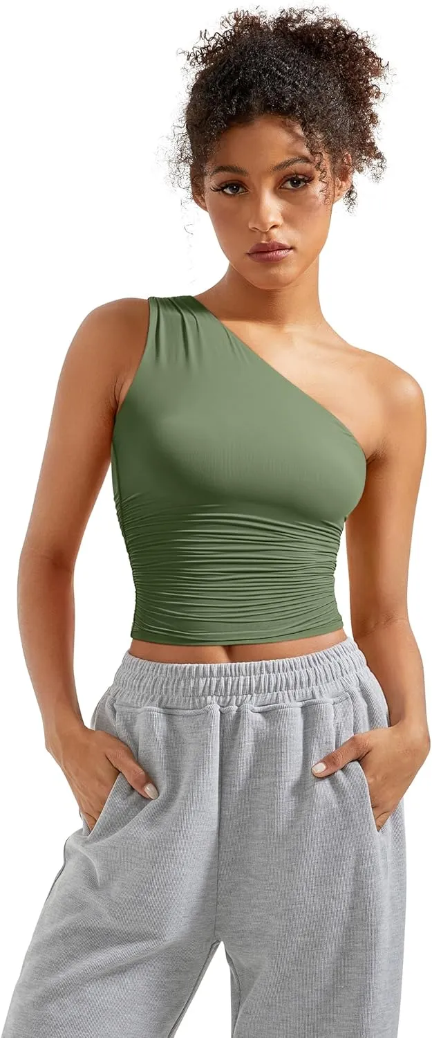 SUUKSESS Women Double Lined Going Out Trendy Crop Tops Ruched Sleeveless Shirts