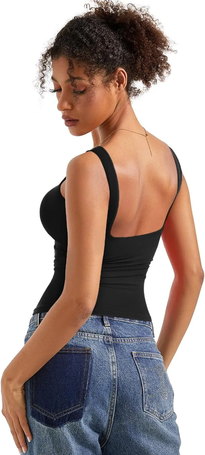 SUUKSESS Women Padded Open Back Boat Neck Tank Tops Double Lined Basic Shirts