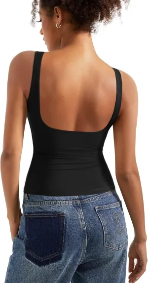 SUUKSESS Women Padded Open Back Boat Neck Tank Tops Double Lined Basic Shirts
