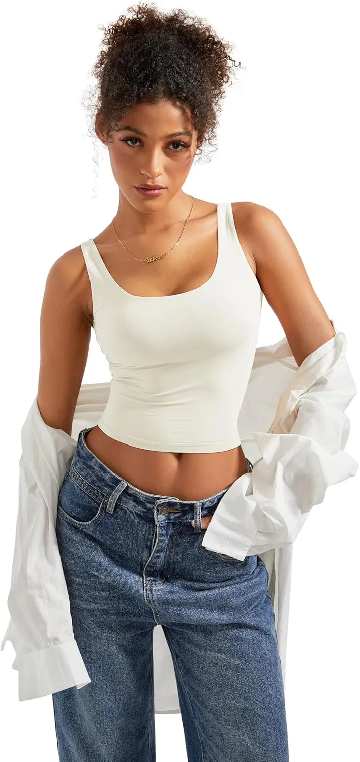 SUUKSESS Women Scoop Neck Tank Top Summer Sleeveless Going Out Double Lined Basic Tops
