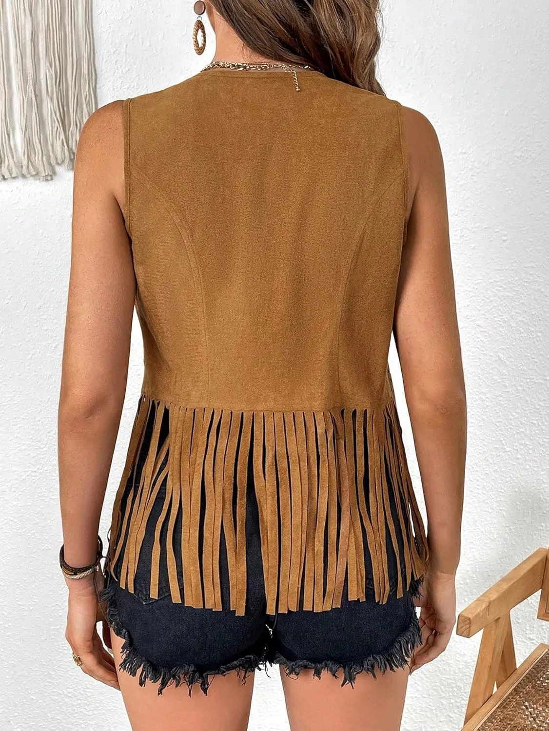 SweatyRocks Women's Fringe Open Front Vest Hollow Out Sleeveless Western Vest Tassel Jackets