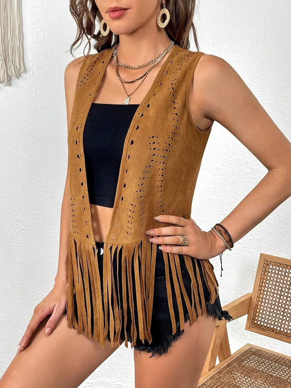 SweatyRocks Women's Fringe Open Front Vest Hollow Out Sleeveless Western Vest Tassel Jackets