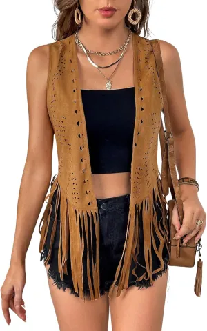 SweatyRocks Women's Fringe Open Front Vest Hollow Out Sleeveless Western Vest Tassel Jackets