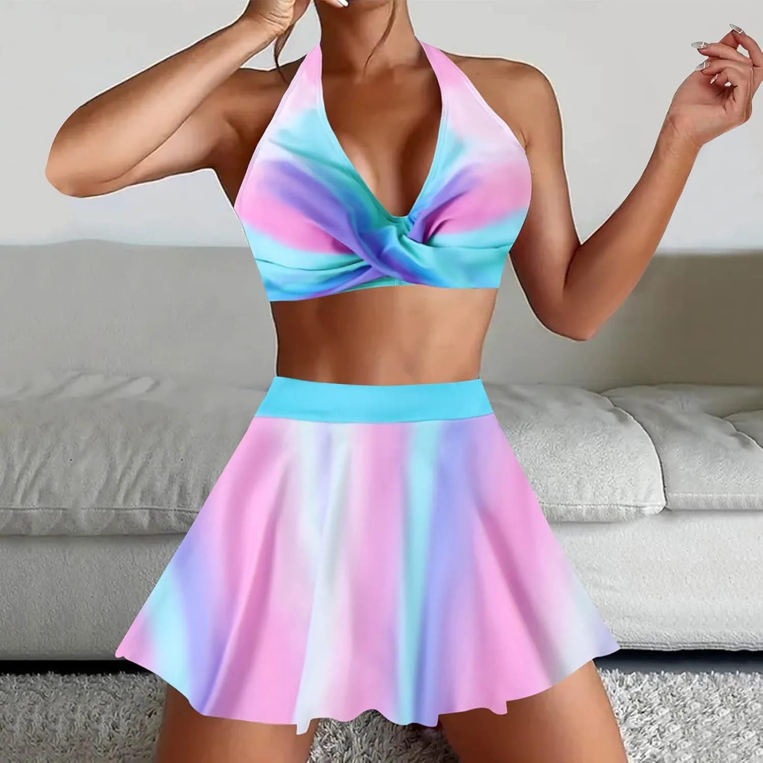 Swim Dress for Women Swimwear Fashion Printed 2 Piece High Waisted Push Up Bikini Sets Sexy Skirt Bathing Suit