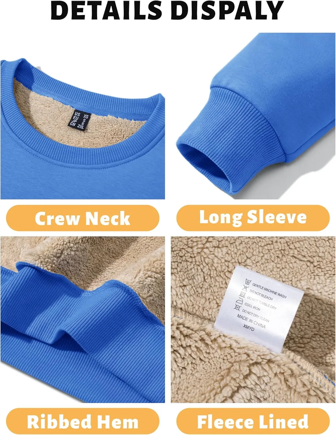 TACVASEN Men's Crewneck Sweatshirt Warm Sherpa Lined Sweatshirts Heavyweight Long Sleeve Underwear Winter Fleece Pullover