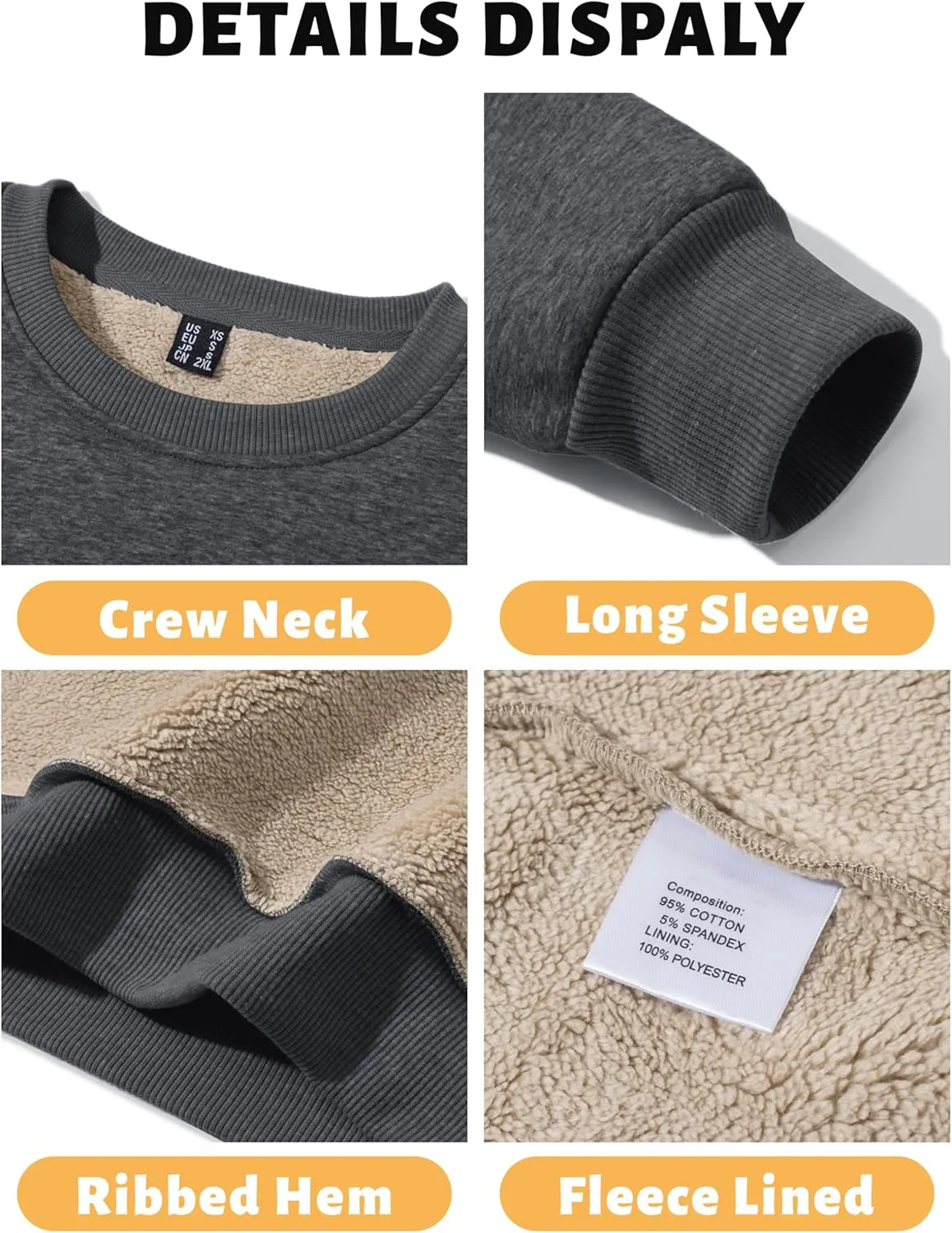 TACVASEN Men's Crewneck Sweatshirt Warm Sherpa Lined Sweatshirts Heavyweight Long Sleeve Underwear Winter Fleece Pullover
