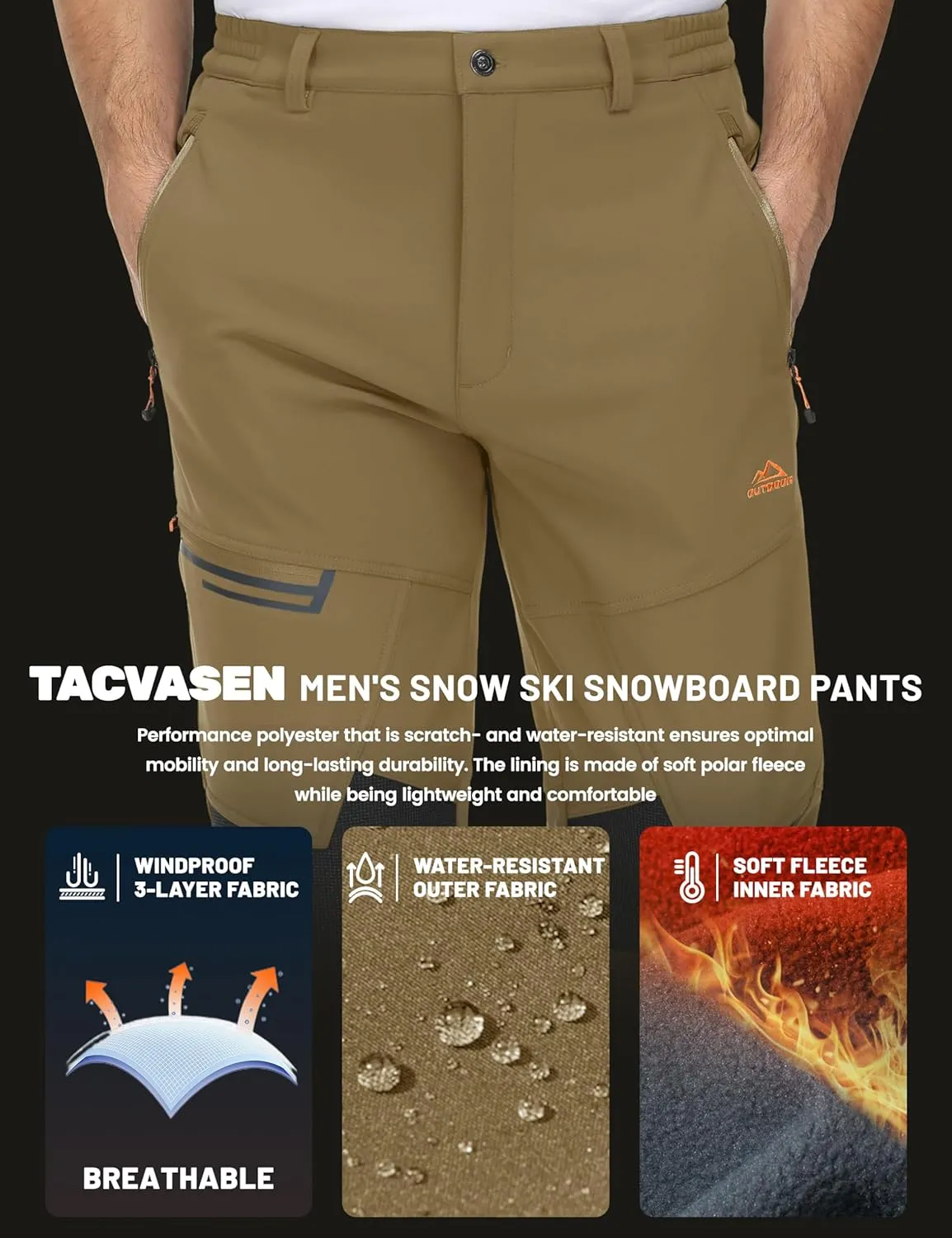 TACVASEN Men's Snow Ski Pants Windproof Snowboard Pants for Men Water Resistant Hiking Pants Fleece Lined Winter Working