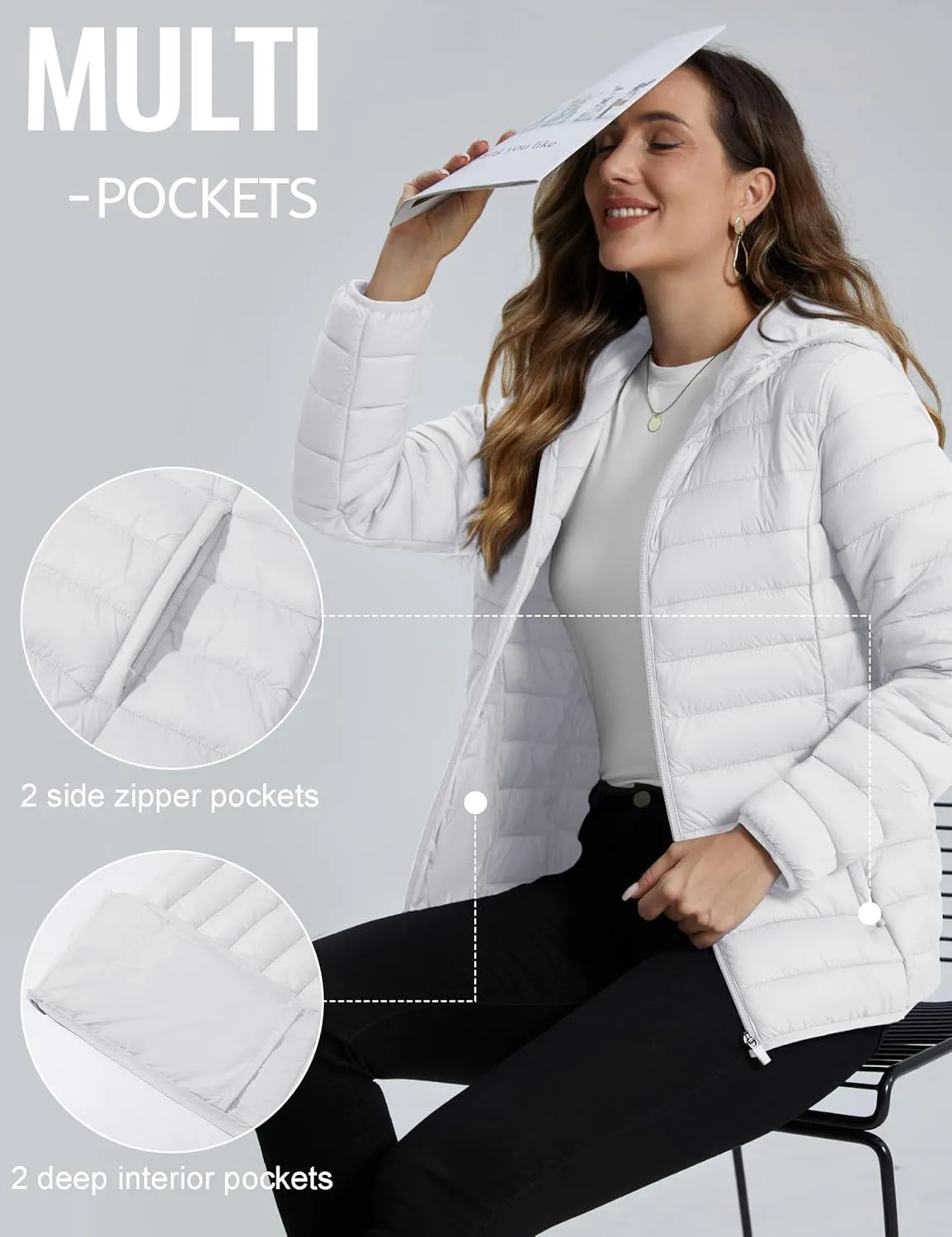 TACVASEN Women's Lightweight Puffer Jacket with Hood Pockets Quilted Padded Full-zip Winter Coat