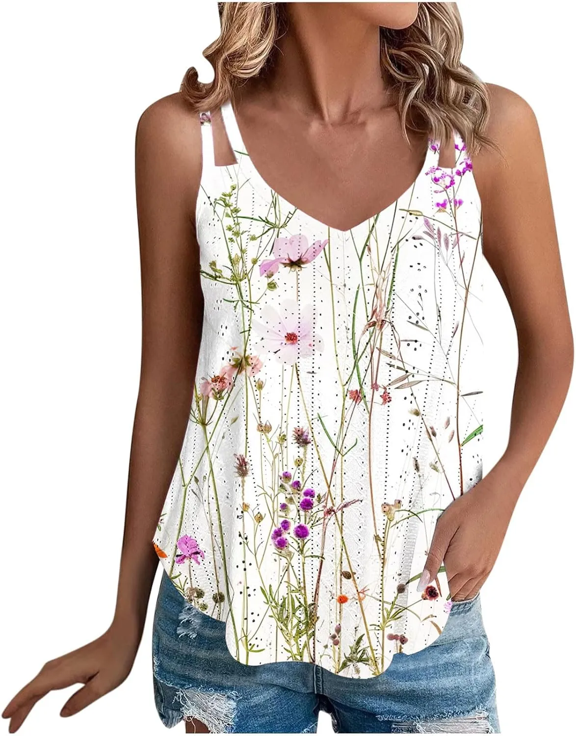 Tank Tops for Women Fashion Eyelet Embroidery Sleeveless Summer Tops Scoop Neck Spaghetti Strape Camisole Shirts