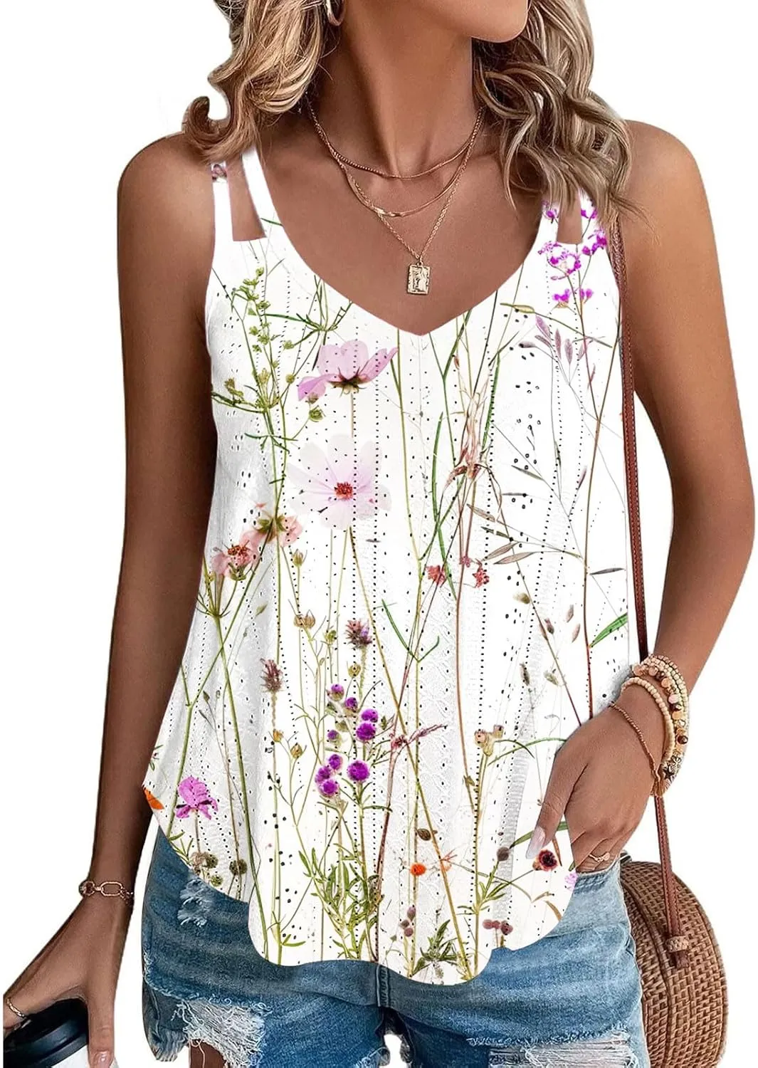 Tank Tops for Women Fashion Eyelet Embroidery Sleeveless Summer Tops Scoop Neck Spaghetti Strape Camisole Shirts
