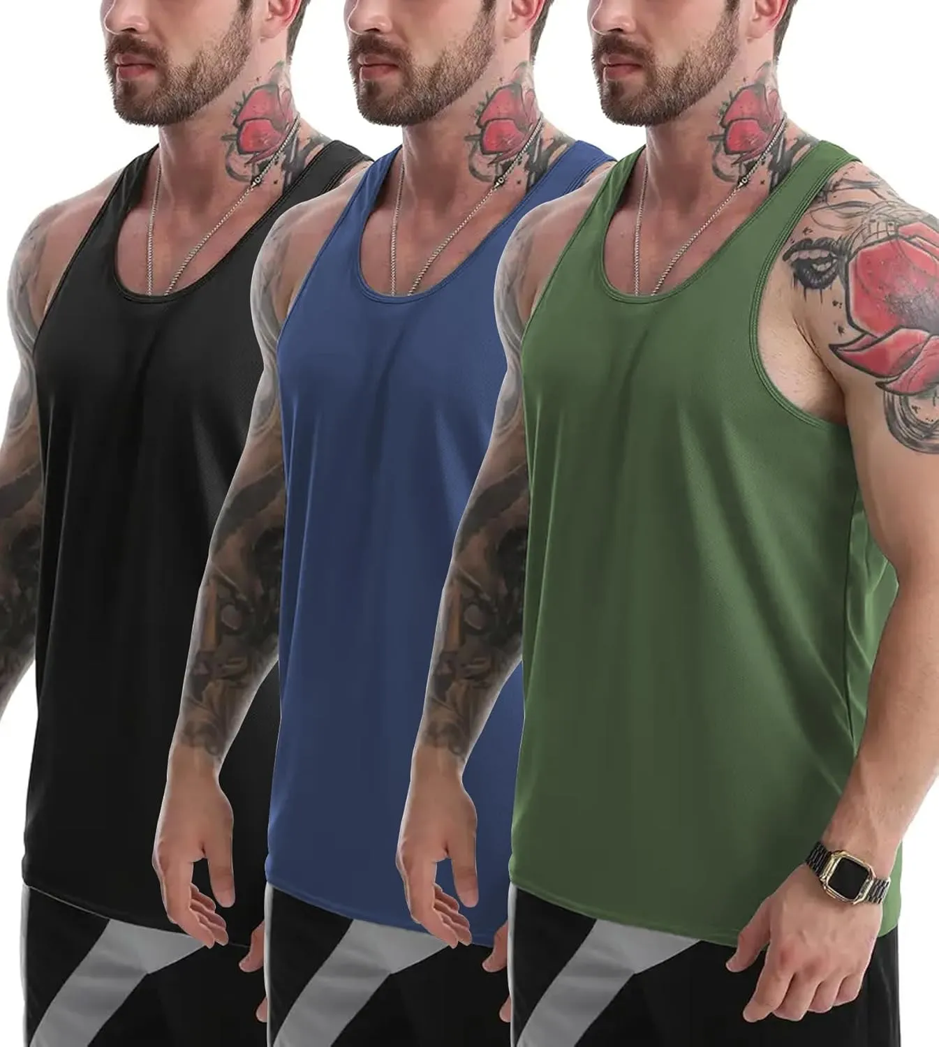 Tank Tops Men Y-Back Muscle 3 Pack Dry Fit Sleeveless Workout Tank Tops for Men Mesh Material Running Gym