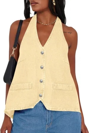 Tankaneo Womens Halter Denim Vest Tops Summer Open Back Y2K Going Out Tank Tops V Neck Button Down Jean Shirts