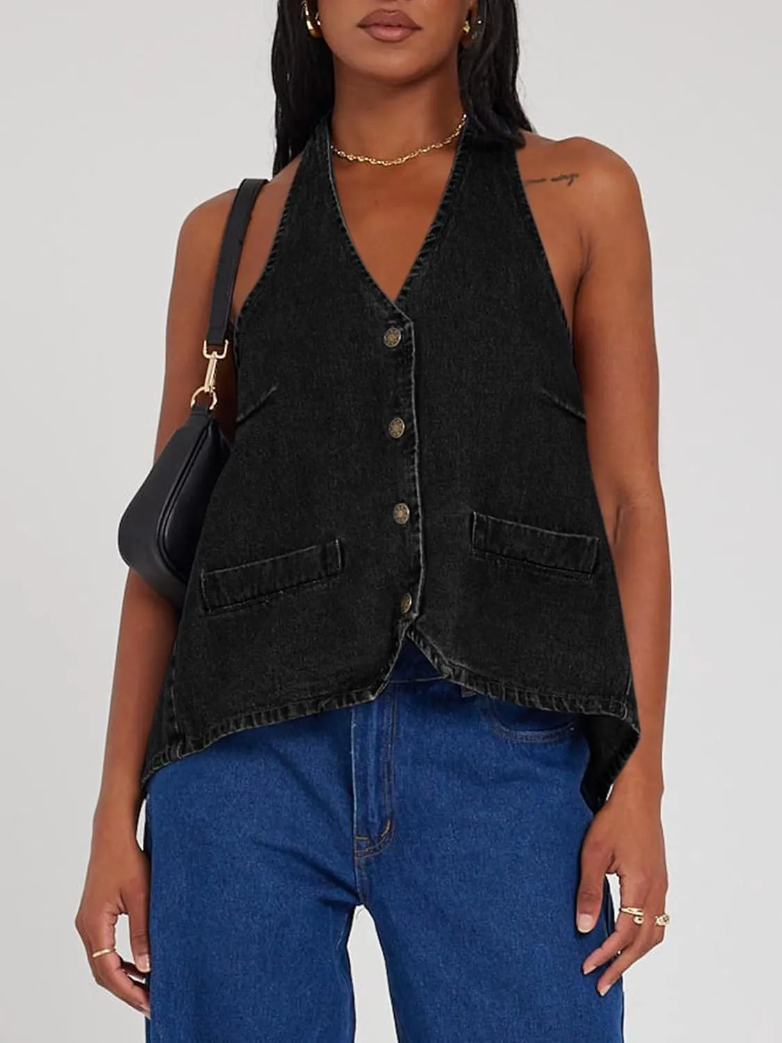 Tankaneo Womens Halter Denim Vest Tops Summer Open Back Y2K Going Out Tank Tops V Neck Button Down Jean Shirts