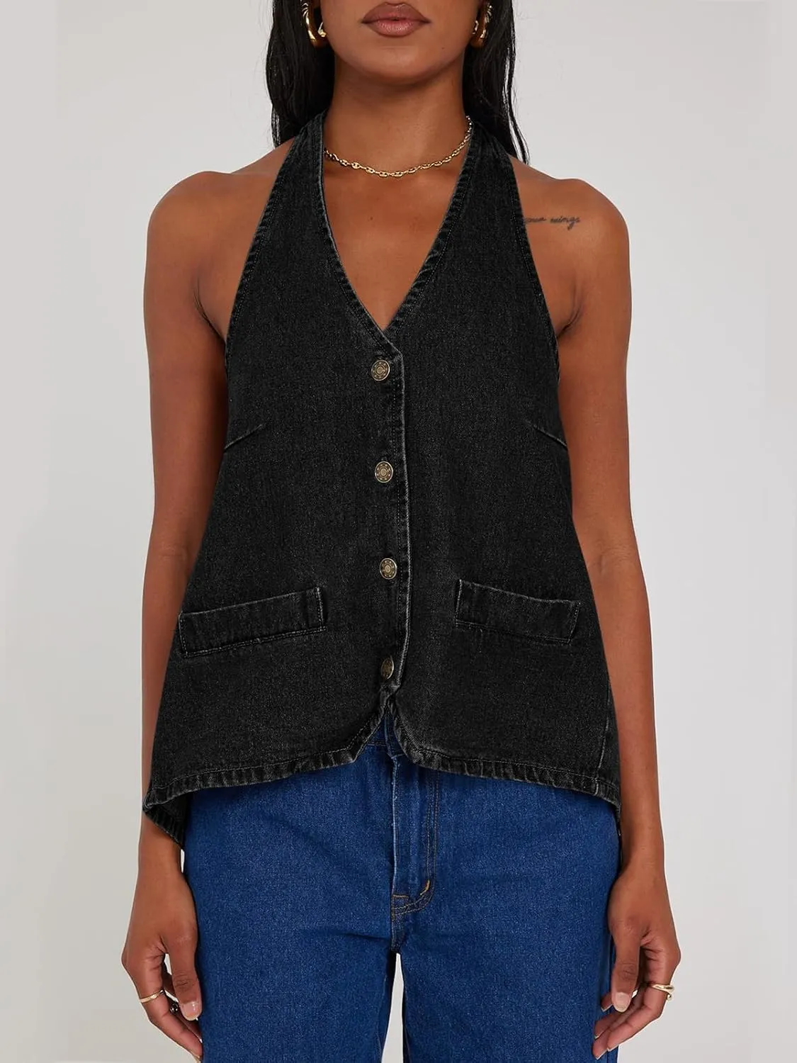 Tankaneo Womens Halter Denim Vest Tops Summer Open Back Y2K Going Out Tank Tops V Neck Button Down Jean Shirts