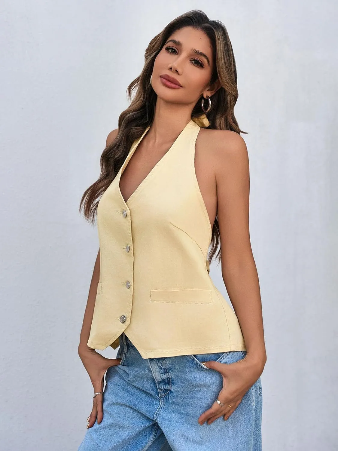 Tankaneo Womens Halter Denim Vest Tops Summer Open Back Y2K Going Out Tank Tops V Neck Button Down Jean Shirts