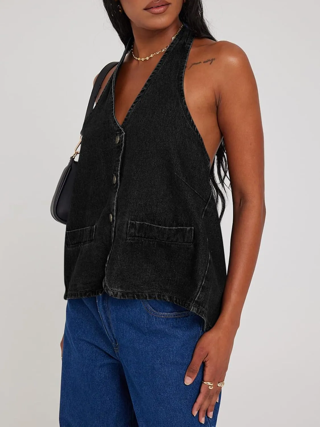 Tankaneo Womens Halter Denim Vest Tops Summer Open Back Y2K Going Out Tank Tops V Neck Button Down Jean Shirts