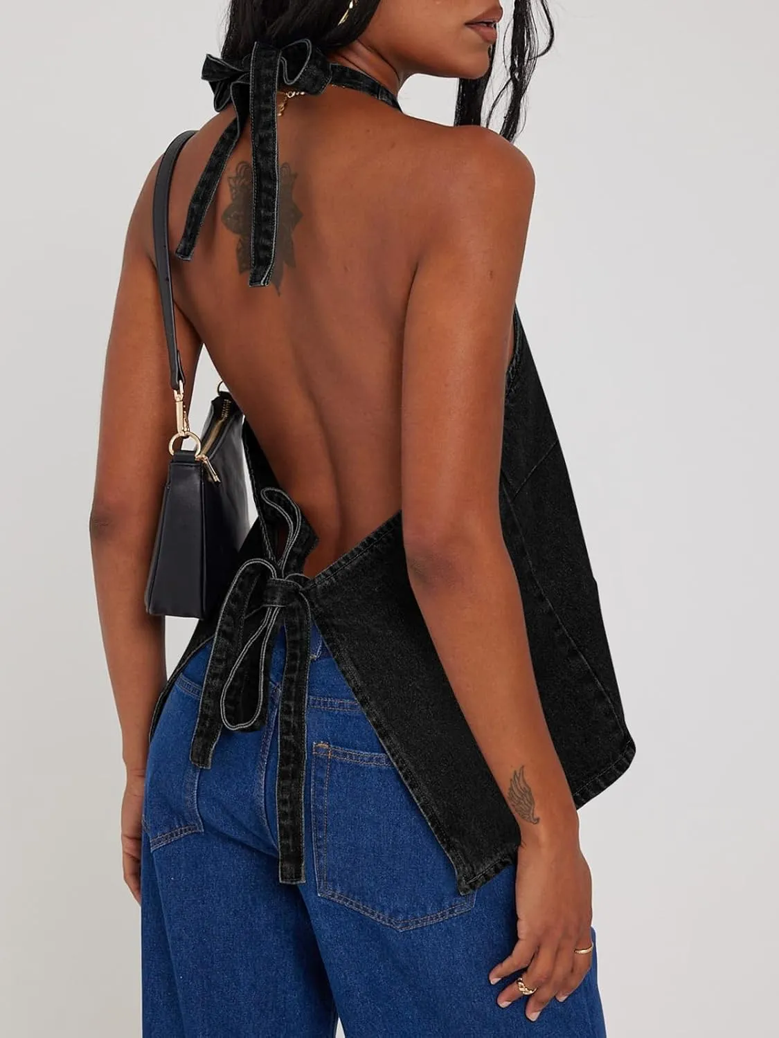 Tankaneo Womens Halter Denim Vest Tops Summer Open Back Y2K Going Out Tank Tops V Neck Button Down Jean Shirts