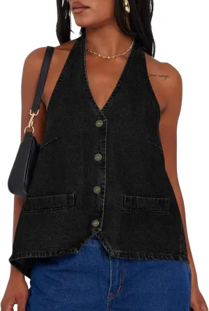 Tankaneo Womens Halter Denim Vest Tops Summer Open Back Y2K Going Out Tank Tops V Neck Button Down Jean Shirts