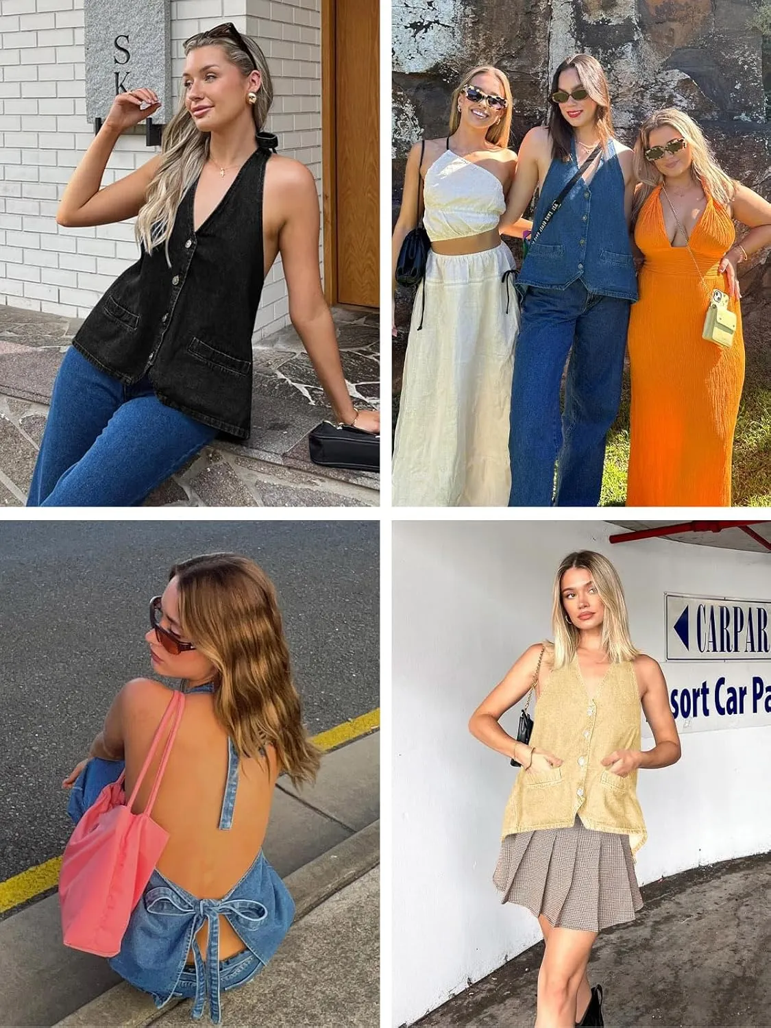 Tankaneo Womens Halter Denim Vest Tops Summer Open Back Y2K Going Out Tank Tops V Neck Button Down Jean Shirts