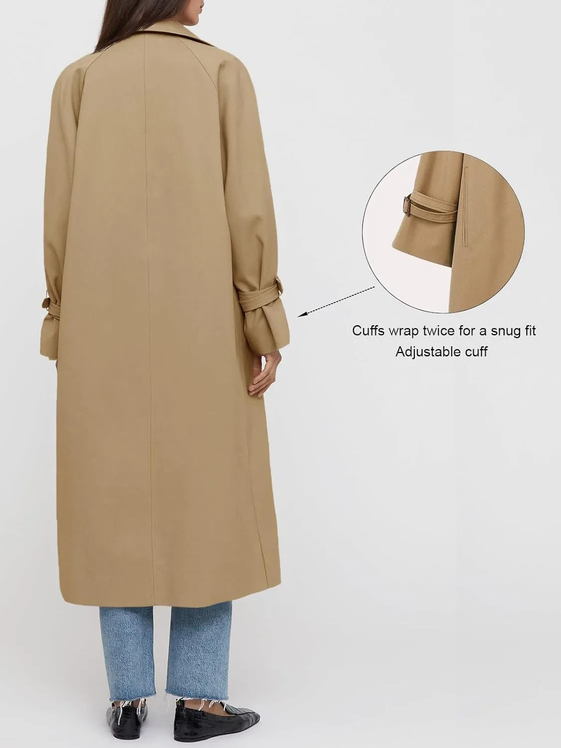 Tankaneo Womens Long Trench Coat Oversized Double Breasted Windproof Classic Lapel Casual Fall Overcoat