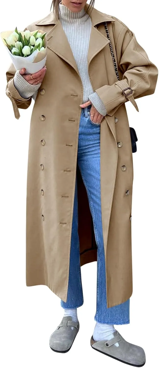 Tankaneo Womens Long Trench Coat Oversized Double Breasted Windproof Classic Lapel Casual Fall Overcoat