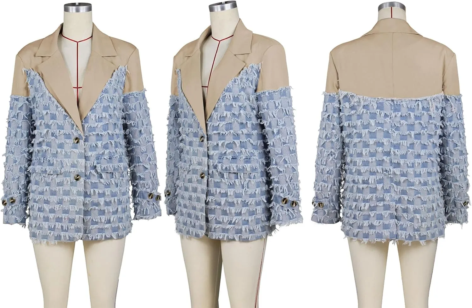 Tcremisa Women's Casual Denim Blazer Long Sleeve Plaid Patchwork Jeans Jacket Single-Breasted Fringe Suit Jackets