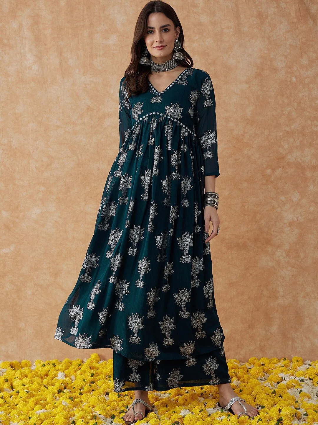 Teal Green Floral Printed V-Neck Anarkali Kurta & Palazzos Set