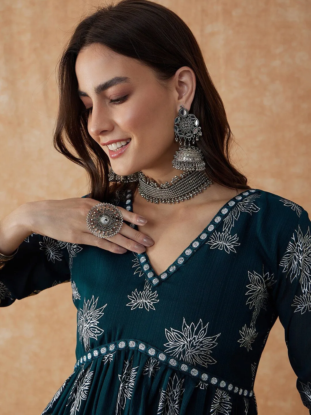 Teal Green Floral Printed V-Neck Anarkali Kurta & Palazzos Set