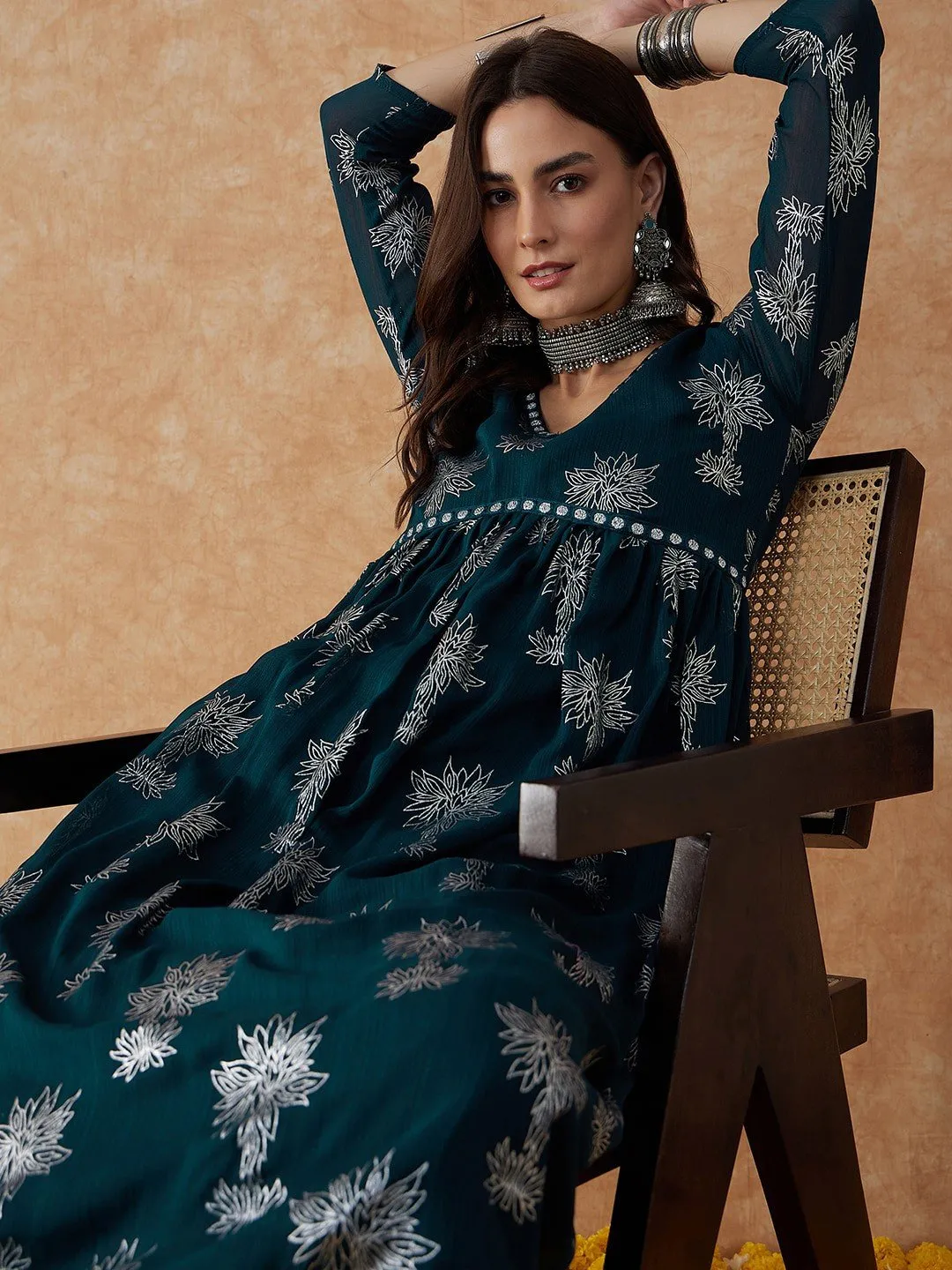 Teal Green Floral Printed V-Neck Anarkali Kurta & Palazzos Set