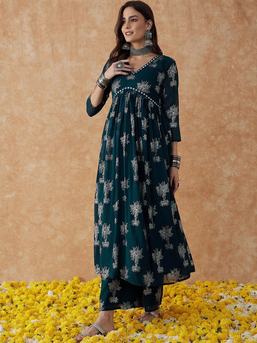 Teal Green Floral Printed V-Neck Anarkali Kurta & Palazzos Set