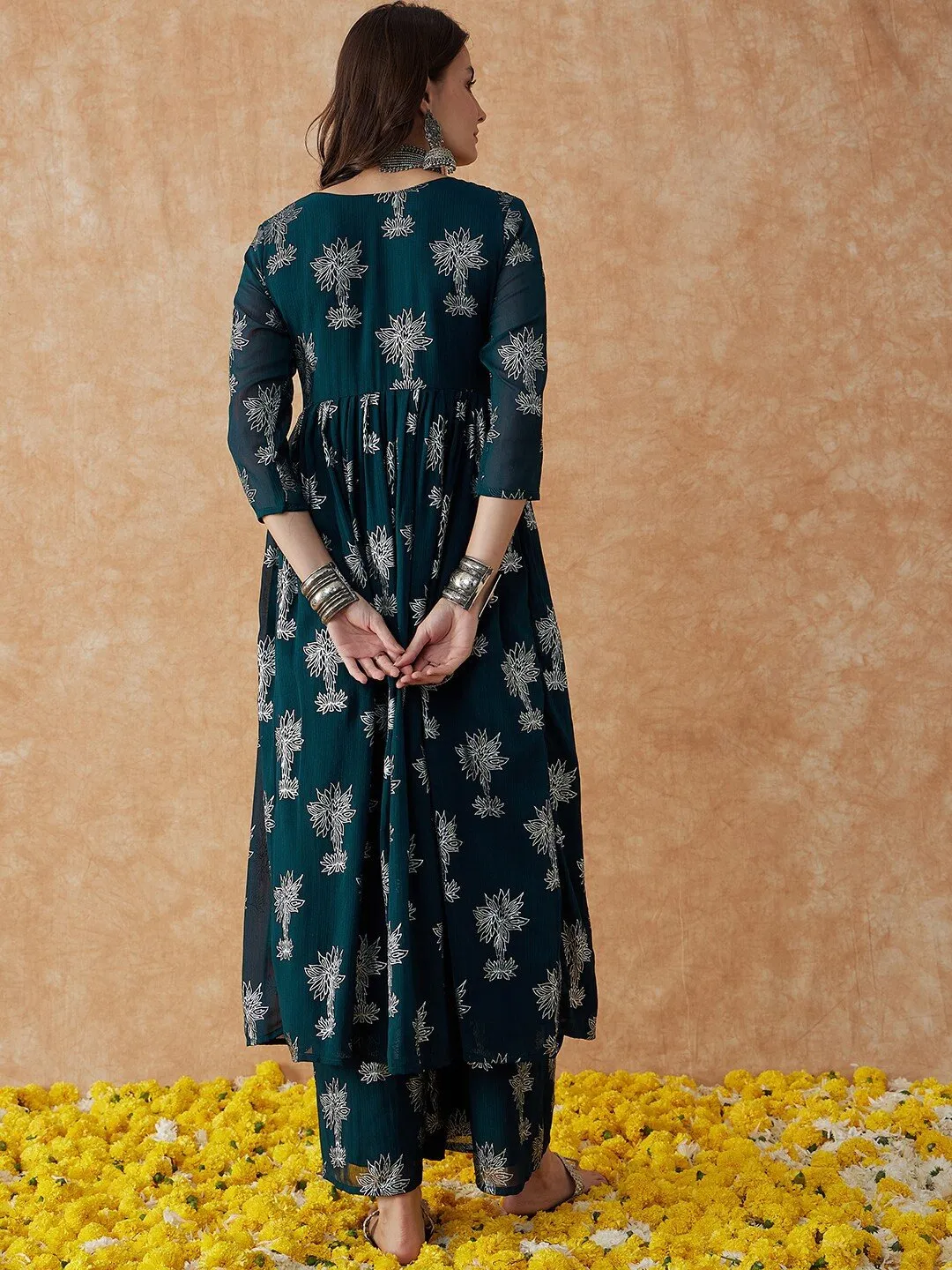 Teal Green Floral Printed V-Neck Anarkali Kurta & Palazzos Set