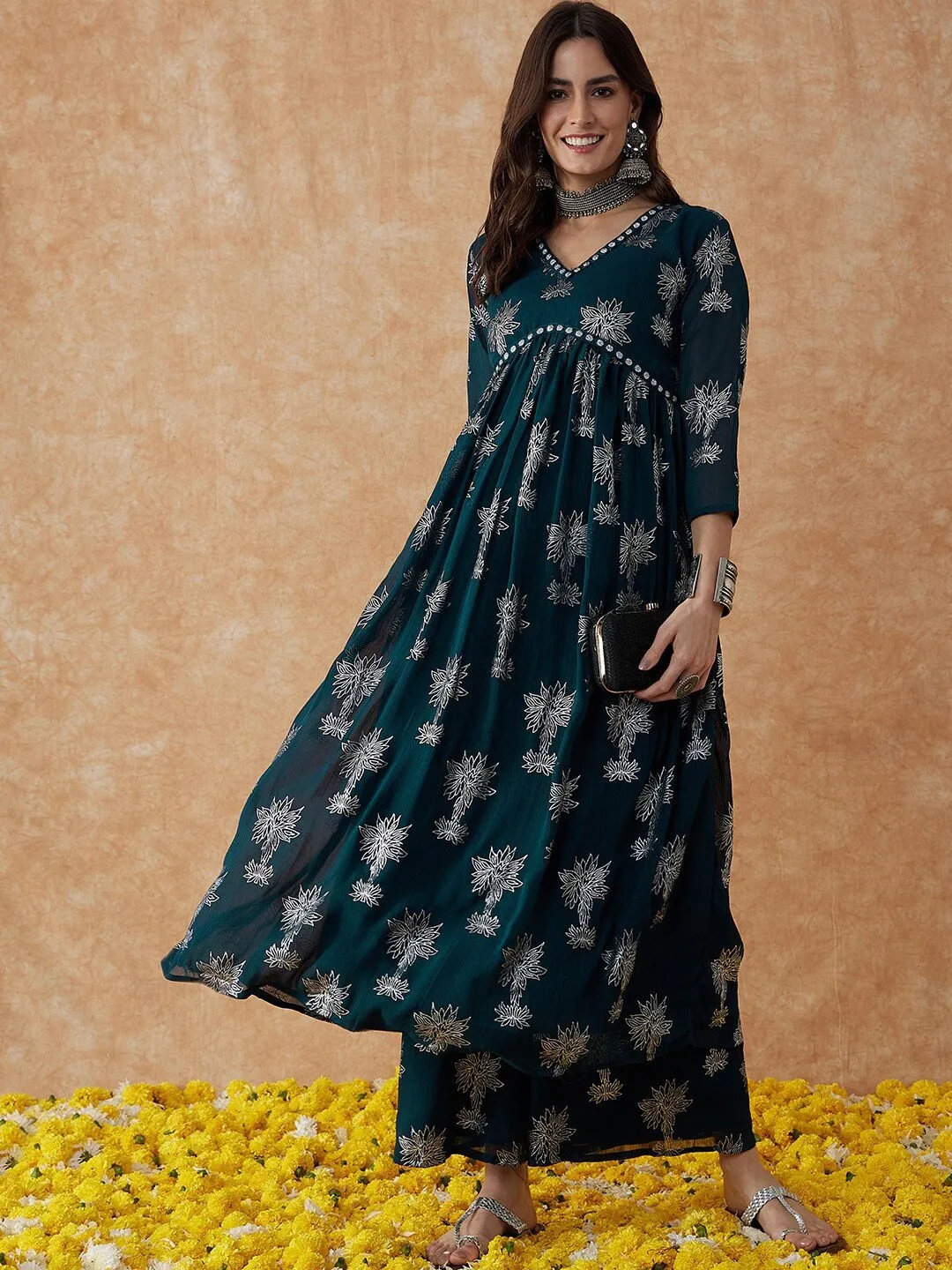 Teal Green Floral Printed V-Neck Anarkali Kurta & Palazzos Set