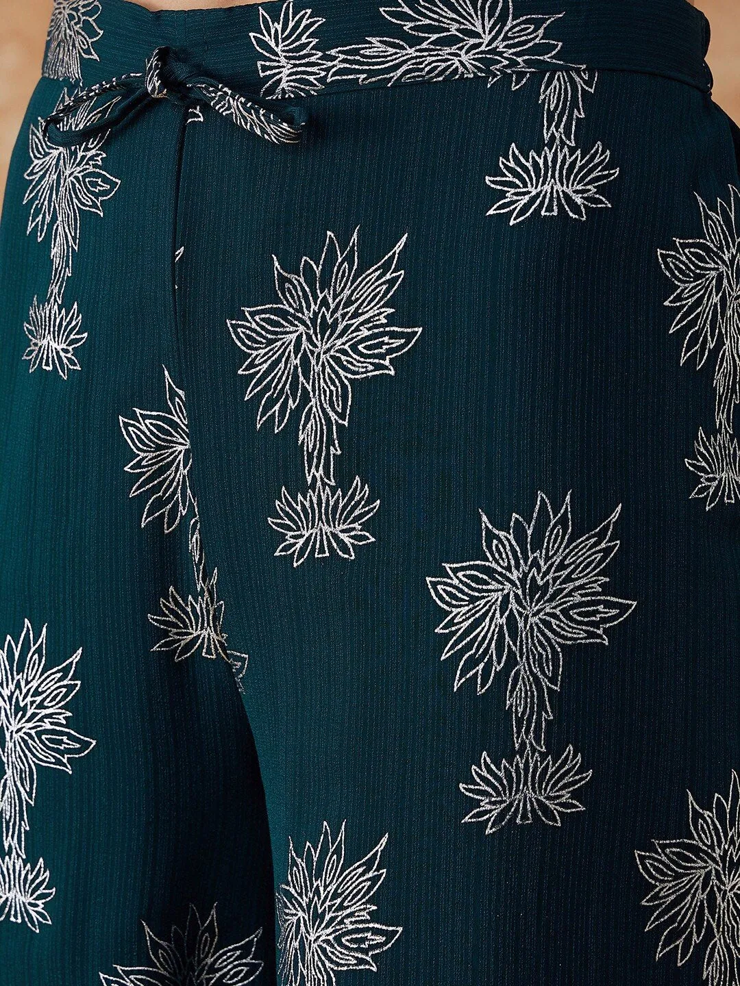 Teal Green Floral Printed V-Neck Anarkali Kurta & Palazzos Set
