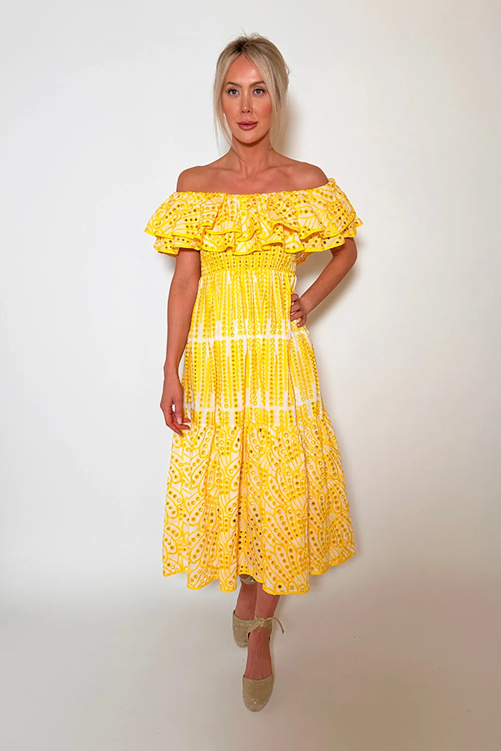 The Broderie Anglaise Ruffle Midi, Yellow