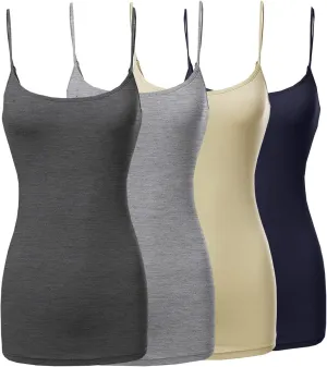The Lovely Womens & Juniors Basic Solid Long Length Adjustable Spaghetti Strap Tank Top - 4 Pack